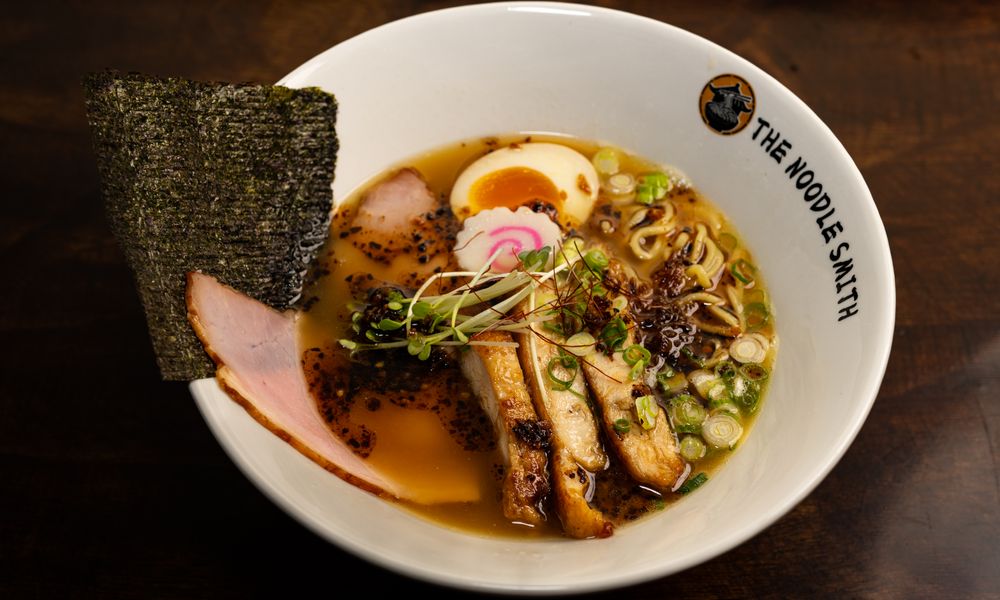 Creamy ramen with chicken, egg & black garlic at The Noodle Smith, a Asian Restaurant in Cary