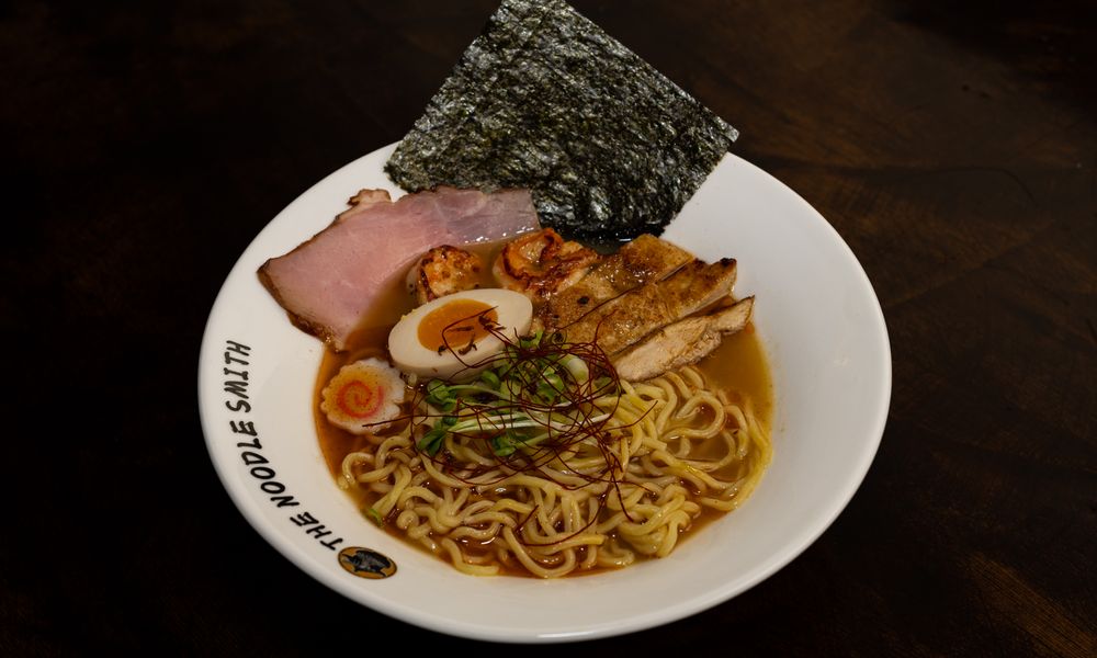 Creamy ramen with shrimp, chicken & egg at The Noodle Smith, a Asian Restaurant in Cary