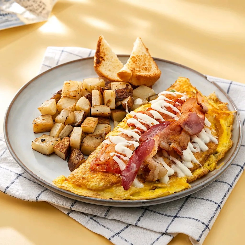 Bacon omelette with cream sauce, toast and roasted potatoes at The Second Wind, a Breakfast Restaurant in El Segundo