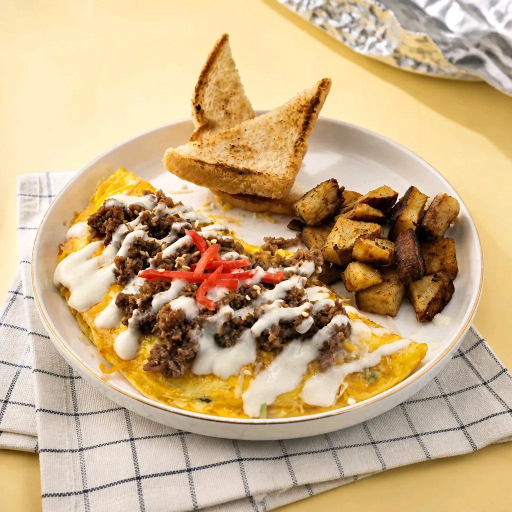 Beef mince cheese omelette with toast & roasted potatoes at The Second Wind, a Breakfast Restaurant in El Segundo