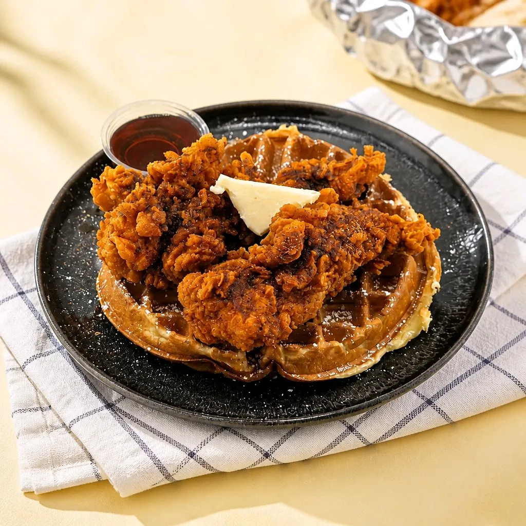 Crispy fried chicken on waffle with butter and maple syrup at The Second Wind, a Breakfast Restaurant in El Segundo