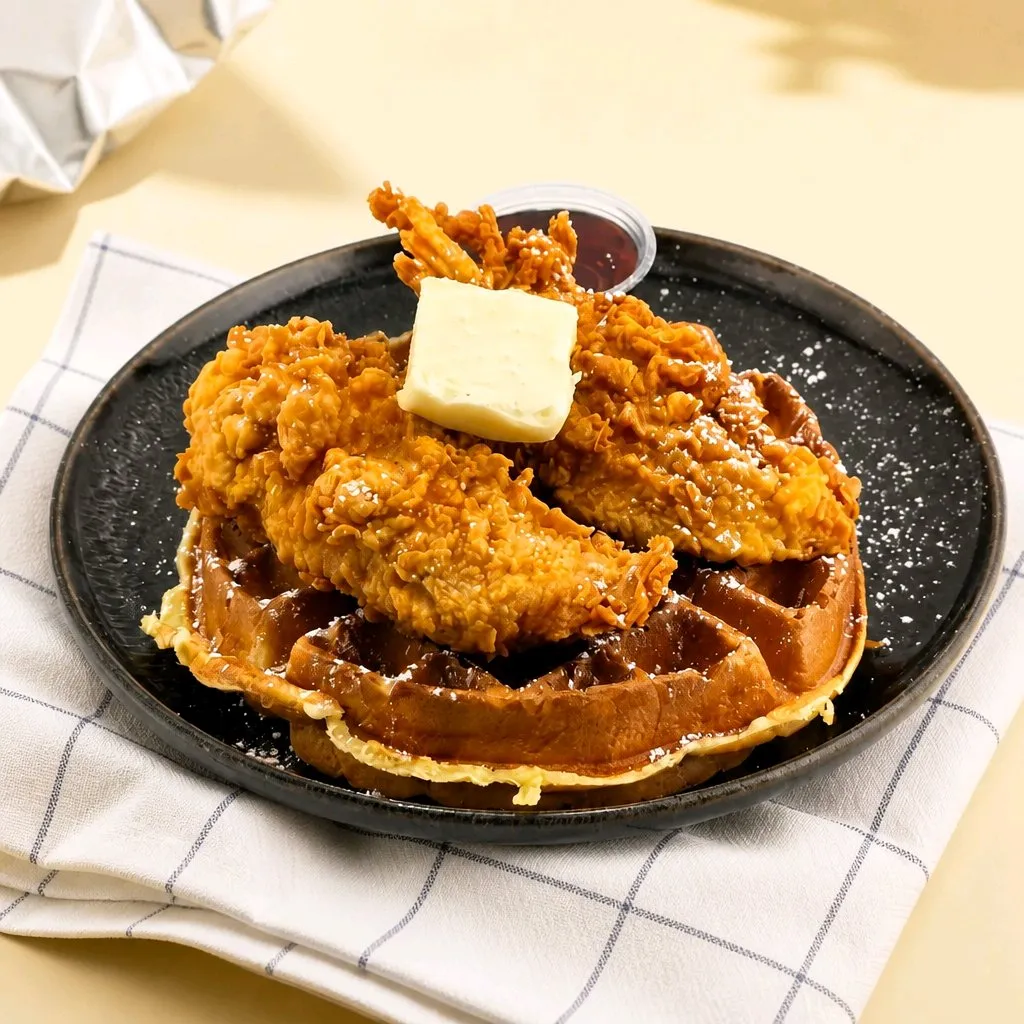 Crispy fried chicken on waffle with butter & syrup at The Second Wind, a Breakfast Restaurant in El Segundo