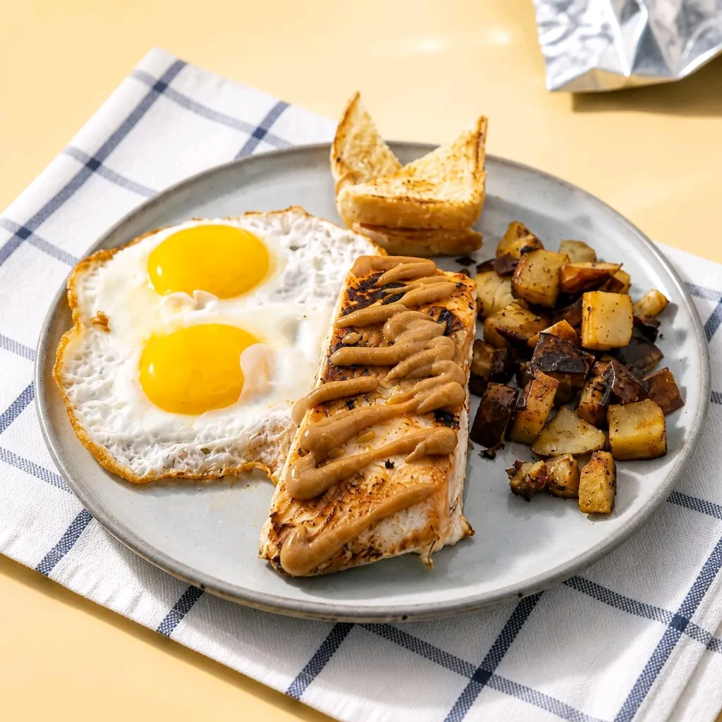 Grilled salmon, two sunny eggs, toast and roasted potatoes at The Second Wind, a Breakfast Restaurant in El Segundo