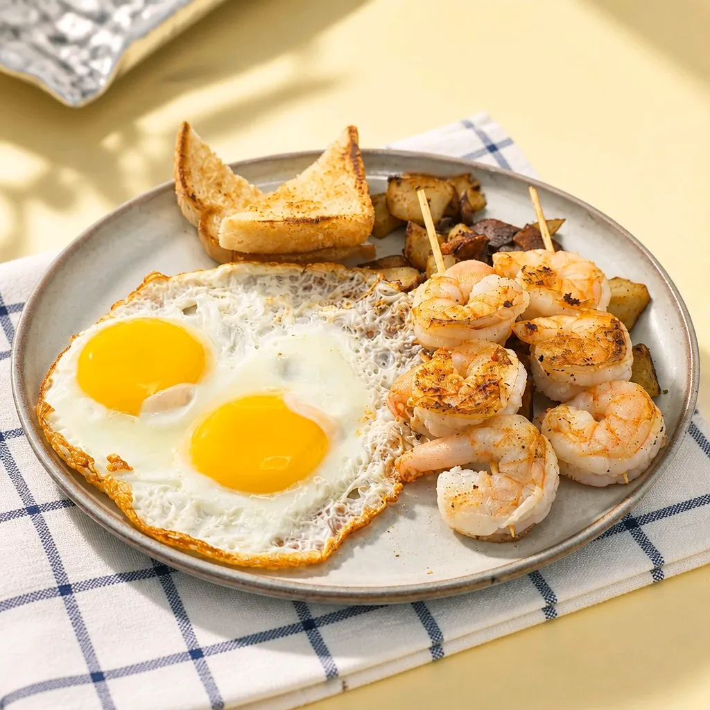 Grilled shrimp skewers, two eggs, toast & roasted potatoes at The Second Wind, a Breakfast Restaurant in El Segundo