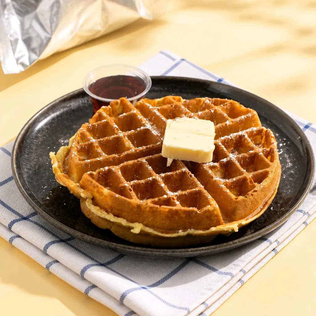 Plain waffle with butter piece and maple syrup at The Second Wind, a Breakfast Restaurant in El Segundo
