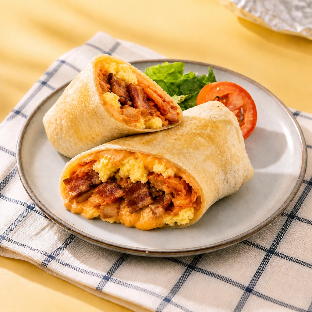 Tortilla wrap filled with bacon, egg & spicy sauce at The Second Wind, a Breakfast Restaurant in El Segundo