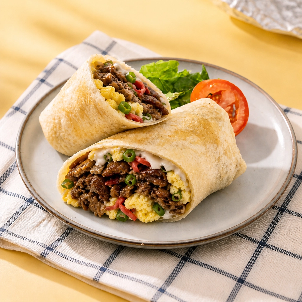 Tortilla wrap stuffed with beef, egg, green peppers & cream sauce at The Second Wind, a Breakfast Restaurant in El Segundo
