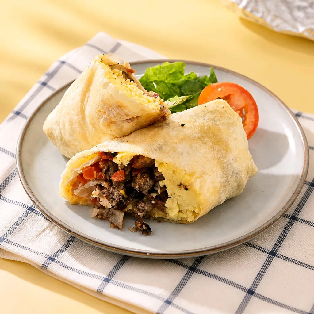Tortilla wrap stuffed with beef, veggies and fluffy scrambled egg at The Second Wind, a Breakfast Restaurant in El Segundo