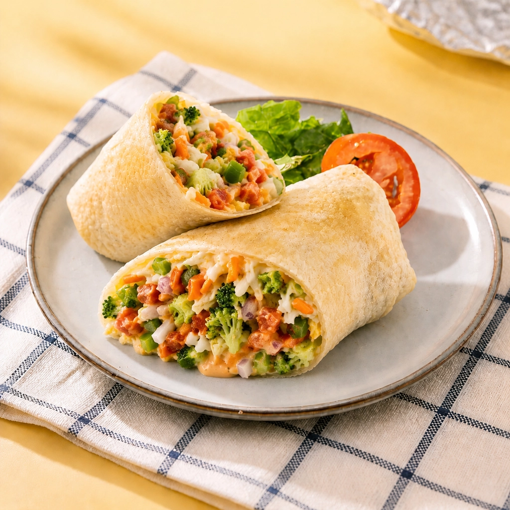Tortilla wrap stuffed with mixed veggies, egg and creamy sauce at The Second Wind, a Breakfast Restaurant in El Segundo