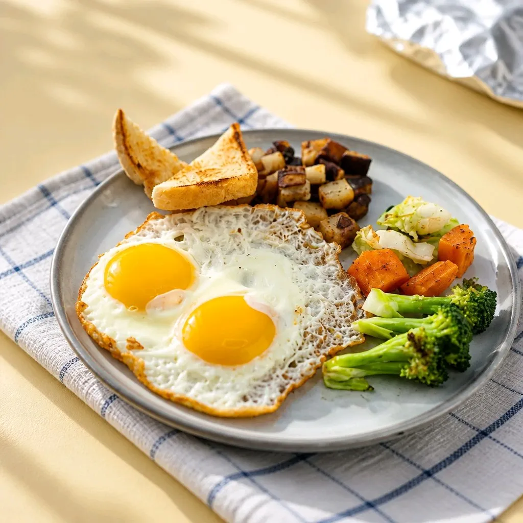 Two fried eggs, toast, potato cubes and fresh roasted veggies at The Second Wind, a Breakfast Restaurant in El Segundo