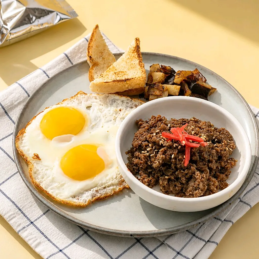 Two fried eggs, toast & seasoned minced beef bowl at The Second Wind, a Breakfast Restaurant in El Segundo