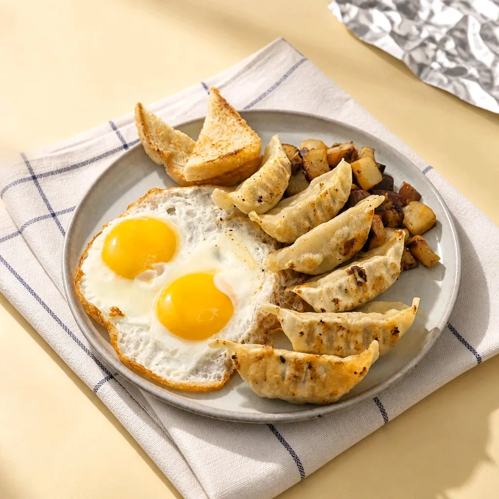 Two sunny eggs, pan-fried dumplings, toast & potato cubes at The Second Wind, a Breakfast Restaurant in El Segundo