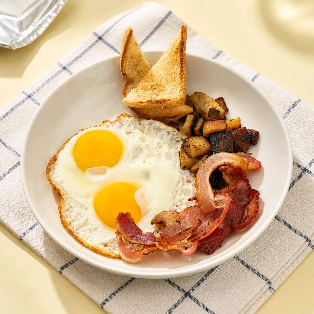 Two sunny-side eggs, bacon, toast & roasted potato cubes at The Second Wind, a Breakfast Restaurant in El Segundo