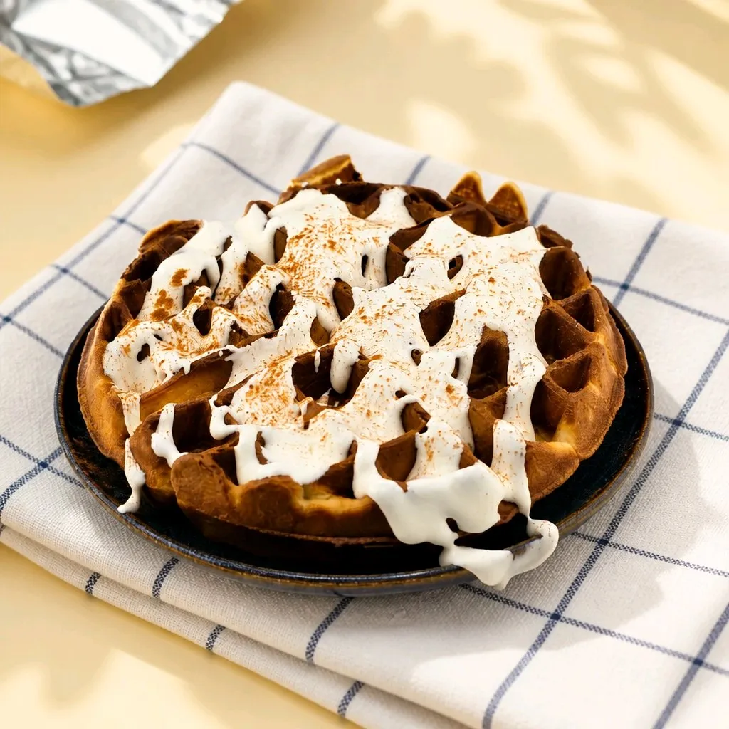 Waffle drizzled with cream and cinnamon powder at The Second Wind, a Breakfast Restaurant in El Segundo