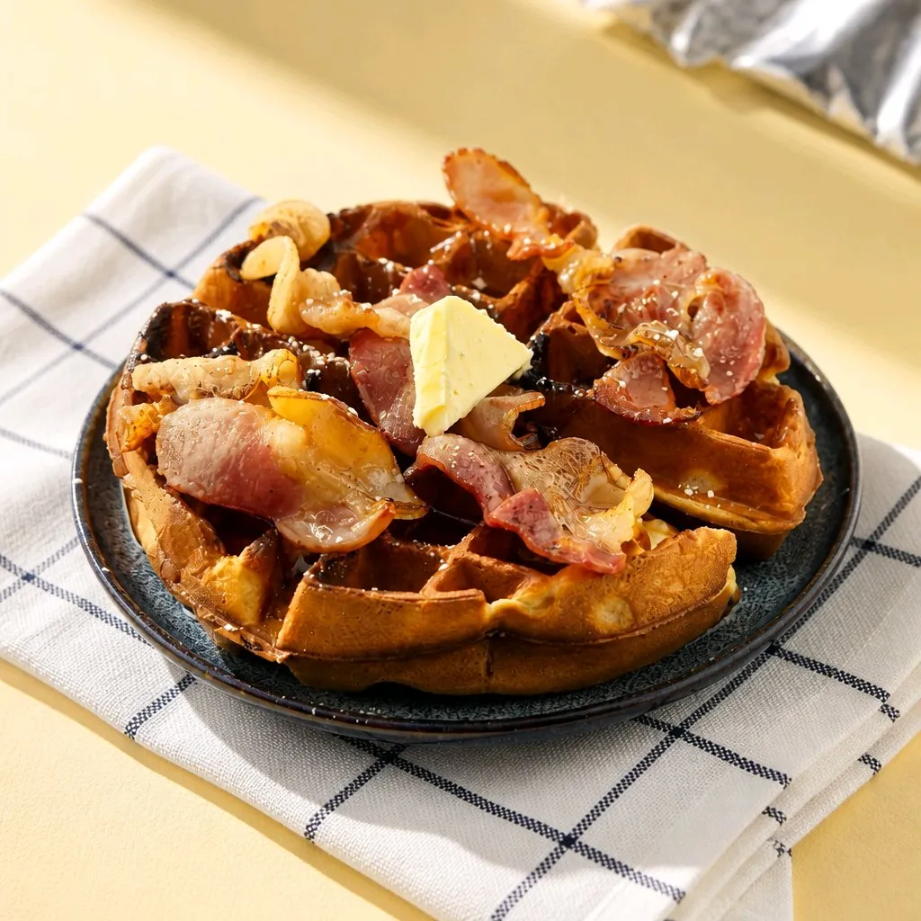 Waffle topped with crispy bacon & butter piece at The Second Wind, a Breakfast Restaurant in El Segundo