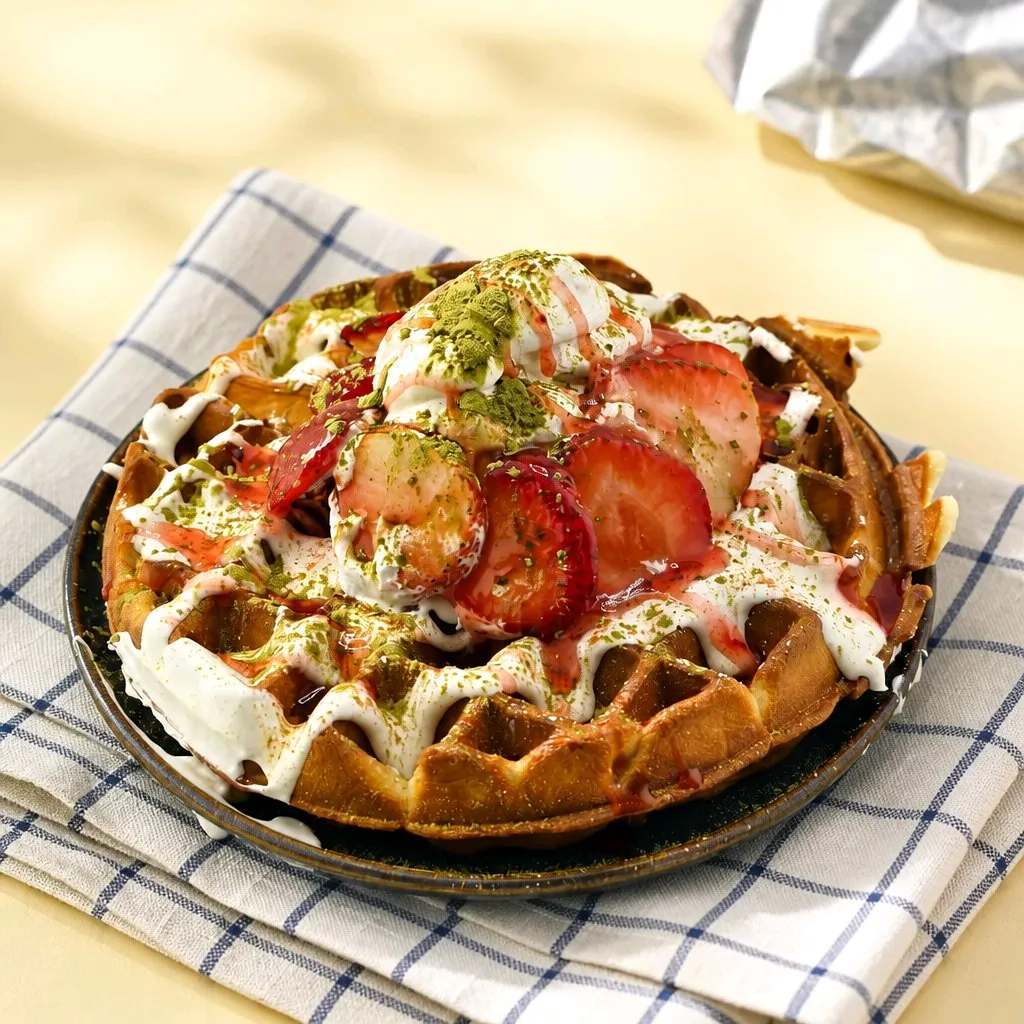 Waffle topped with strawberry, cream and matcha powder at The Second Wind, a Breakfast Restaurant in El Segundo