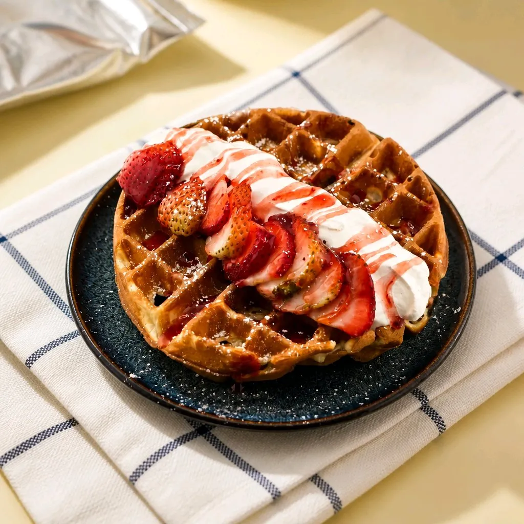 Waffle topped with strawberry slices and whipped cream at The Second Wind, a Breakfast Restaurant in El Segundo