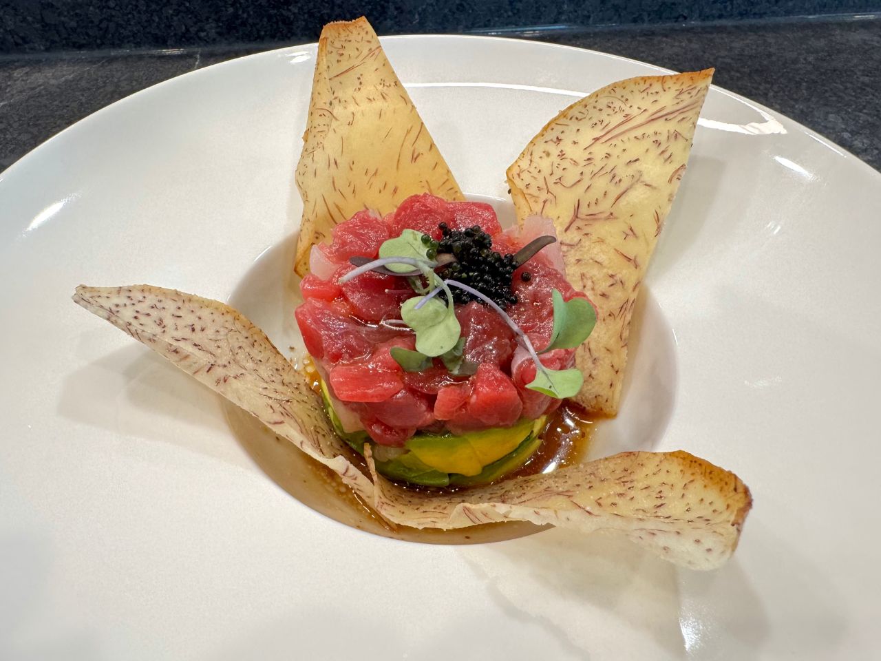 The-Shoya-Japanese-Restaurant-Tuna-Tartare-With-Chips-Pleasant-Hill Tuna tartare stacked with avocado, served with crispy chips at The Shoya, a Japanese Restaurant in Pleasant Hill