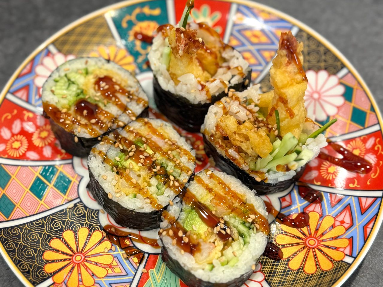 The-Shoya-Japanese-Restaurant-Shrimp-Tempura-Maki-Pleasant-Hill Shrimp tempura maki with cucumber, avocado and sesame seeds at The Shoya, a Japanese Restaurant in Pleasant Hill