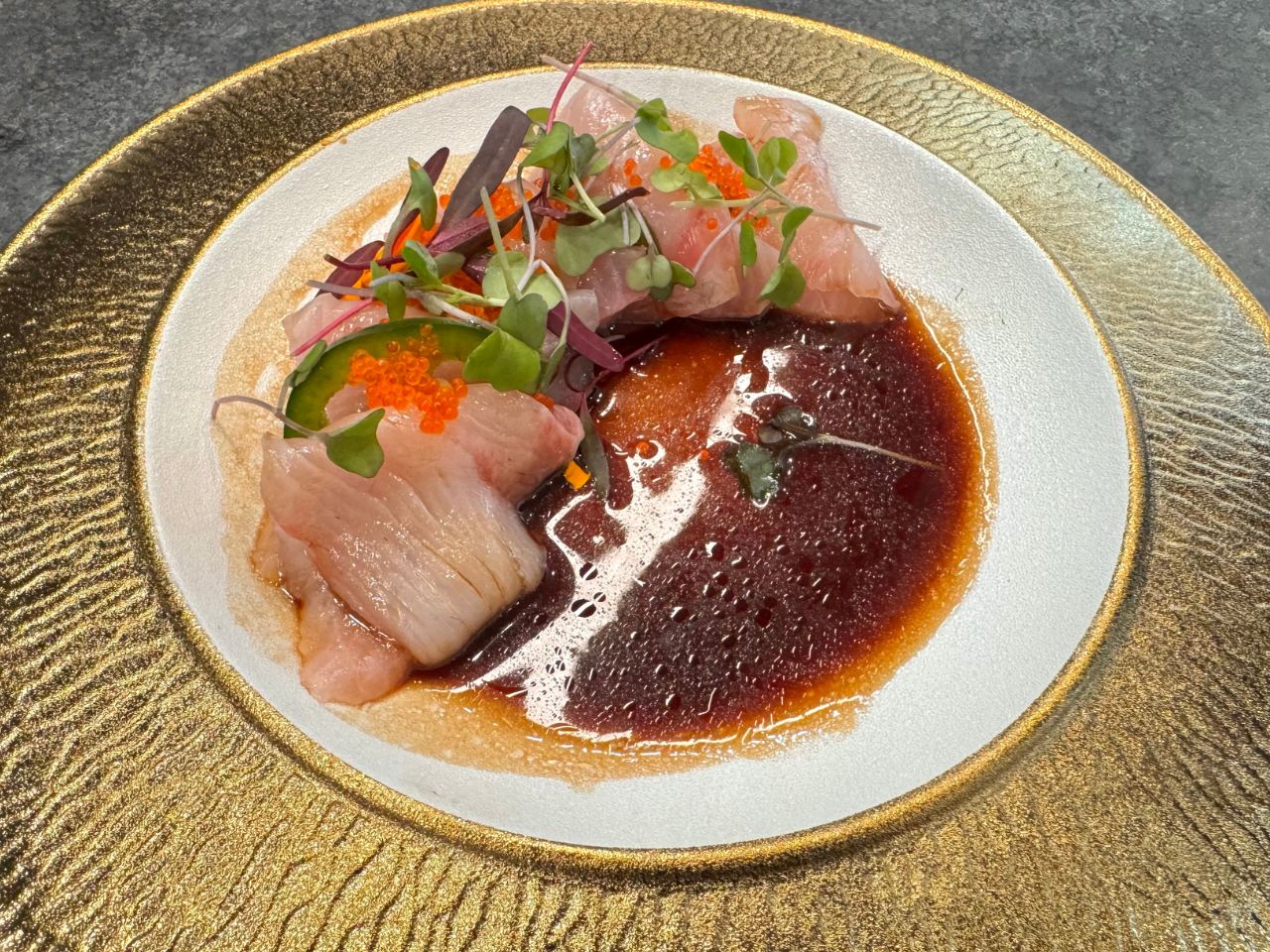The-Shoya-Japanese-Restaurant-Fish-Crudo-With-Sauce-Pleasant-Hill Fresh fish crudo with vibrant sauce and microgreens at The Shoya, a Japanese Restaurant in Pleasant Hill