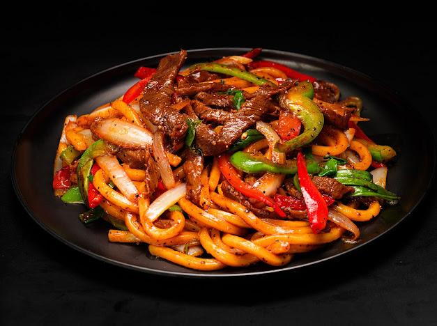 Thumbling-Chinese-Dumpling-restaurant-Beef-and-Udon-Noodles-West-Covina Beef and Udon Noodles - Stir - fried udon with beef, peppers and onions at Thumbling, a Chinese Dumpling restaurant in West Covina
