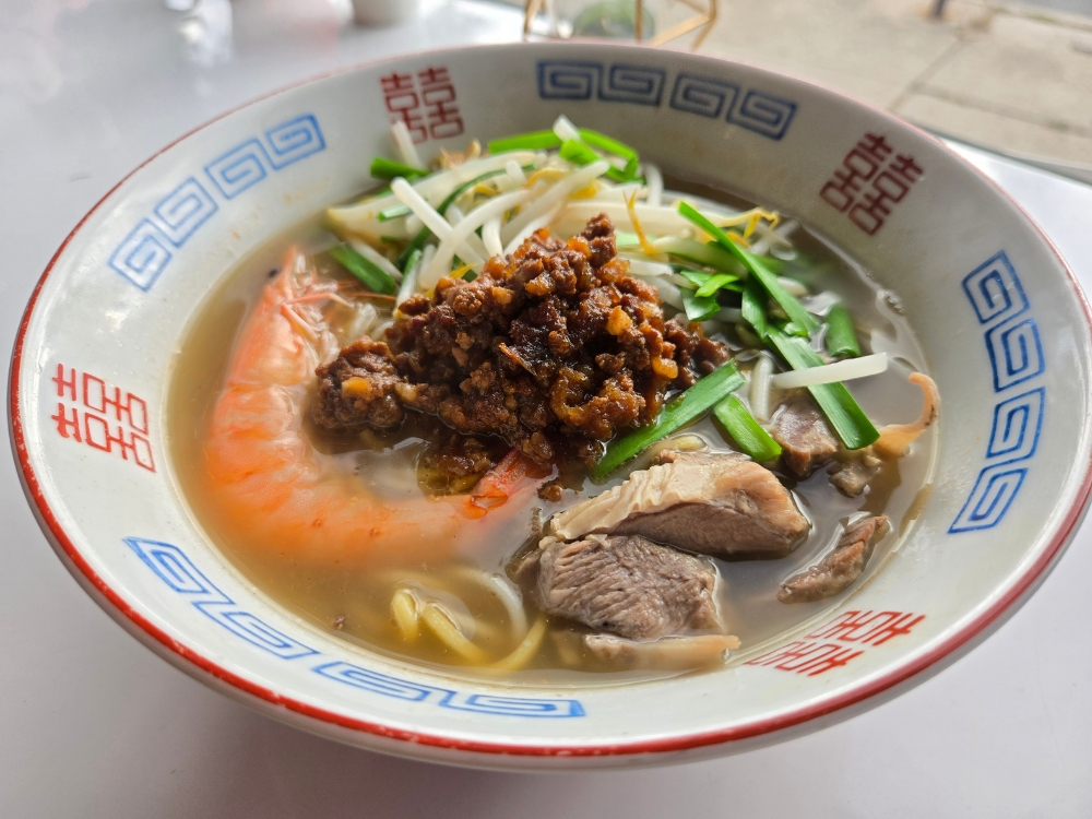 Noodles with shrimp, pork, minced meat, and veggies in soup at Ti Hu Taiwanese Noodle House, a Chinese Restaurant in Bayside