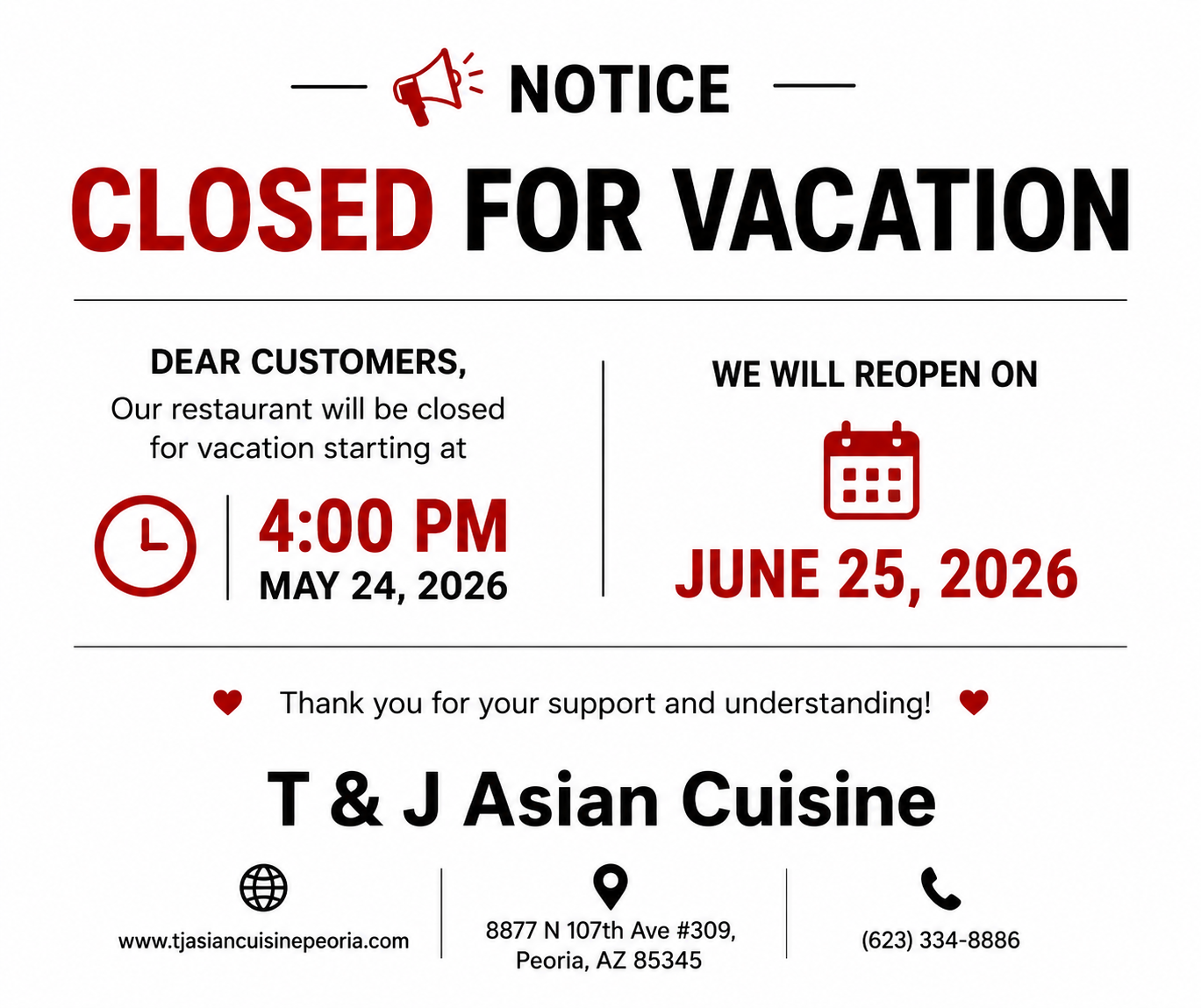 A restaurant closure notice with a red megaphone icon and the heading 