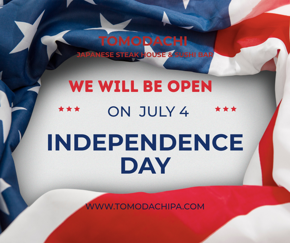 Alt Text
Tomodachi Japanese Steak House notice framed by US flag: restaurant open July 4 Independence Day, website address shown.
Title Text
Tomodachi holiday hours announcement: We remain open on Independence Day, July 4.