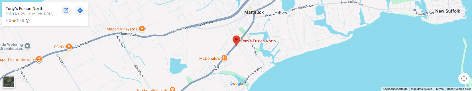 Location 9650 NY-25, Laurel, NY 11948