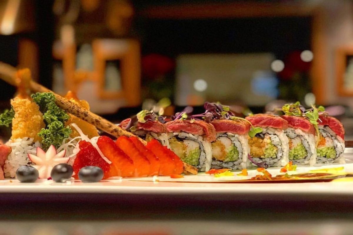 Premium tuna-topped sushi roll with tempura inside at Tony's Sushi & Steakhouse, a Japanese Restaurant in East Moriches