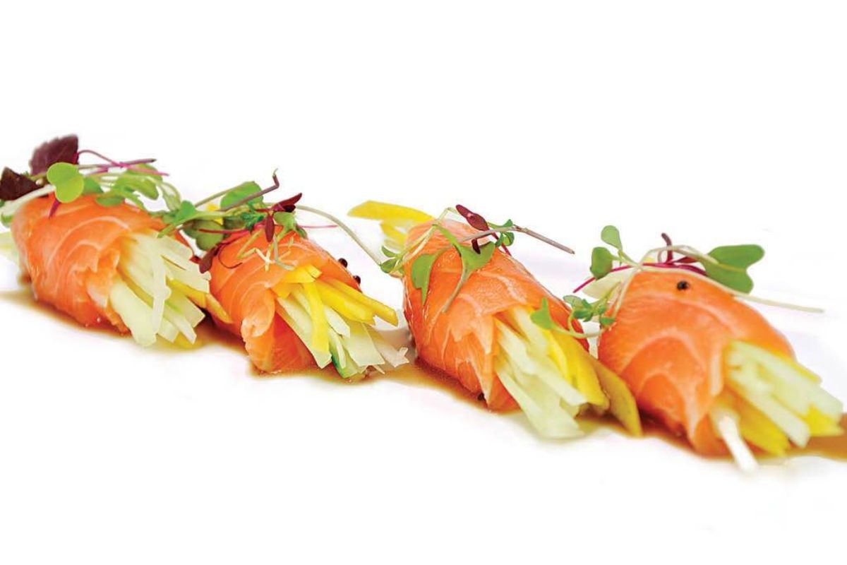 Salmon rolls filled with shredded crisp veggies at Tony's Sushi & Steakhouse, a Japanese Restaurant in East Moriches