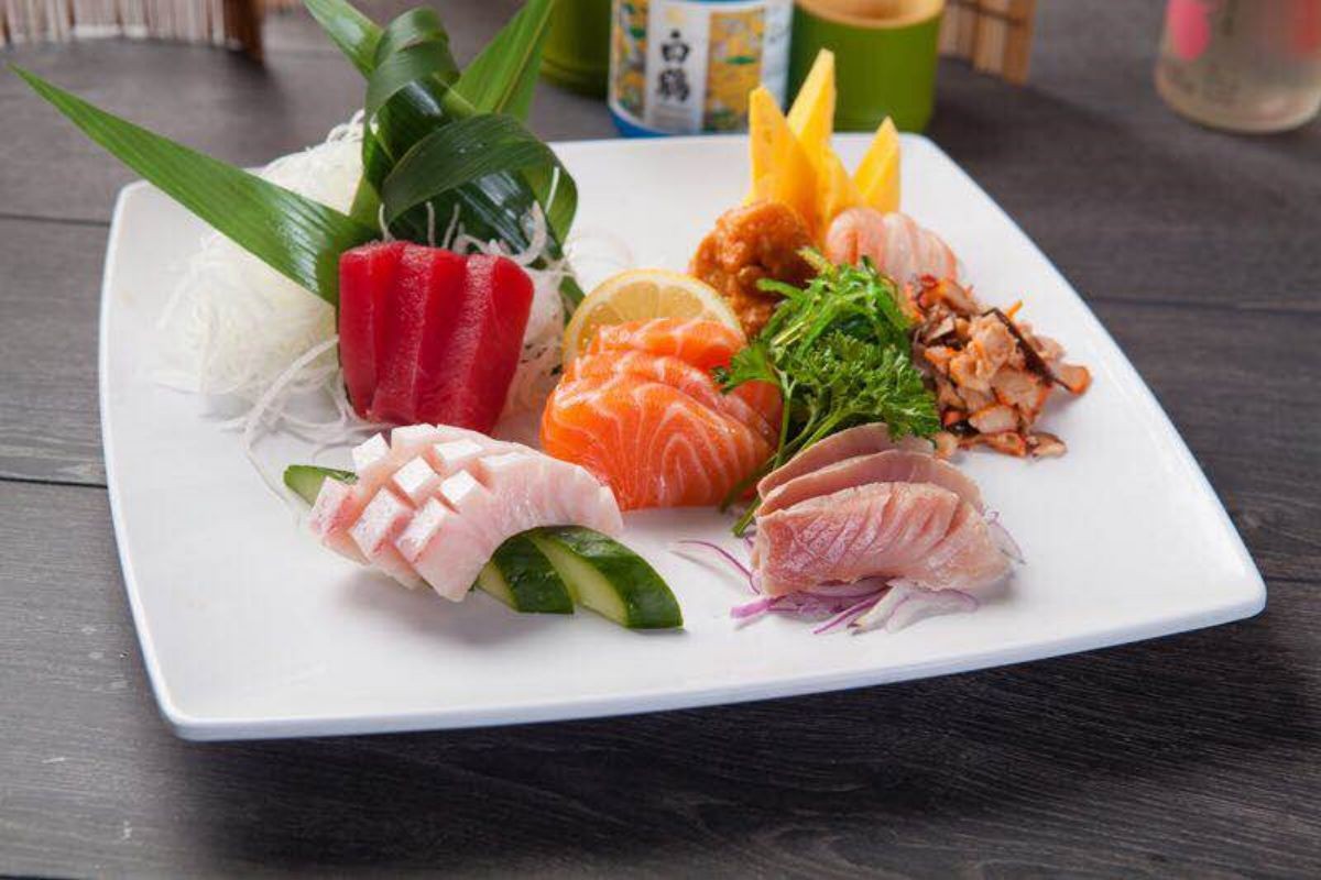 Square plate of assorted colorful fresh sashimi cuts at Tony's Sushi & Steakhouse, a Japanese Restaurant in East Moriches
