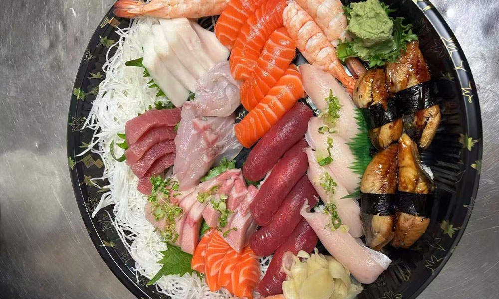 Assorted sushi platter with sashimi, nigiri, shrimp, and eel at Toro 7 Sushi, a Sushi Restaurant in New York