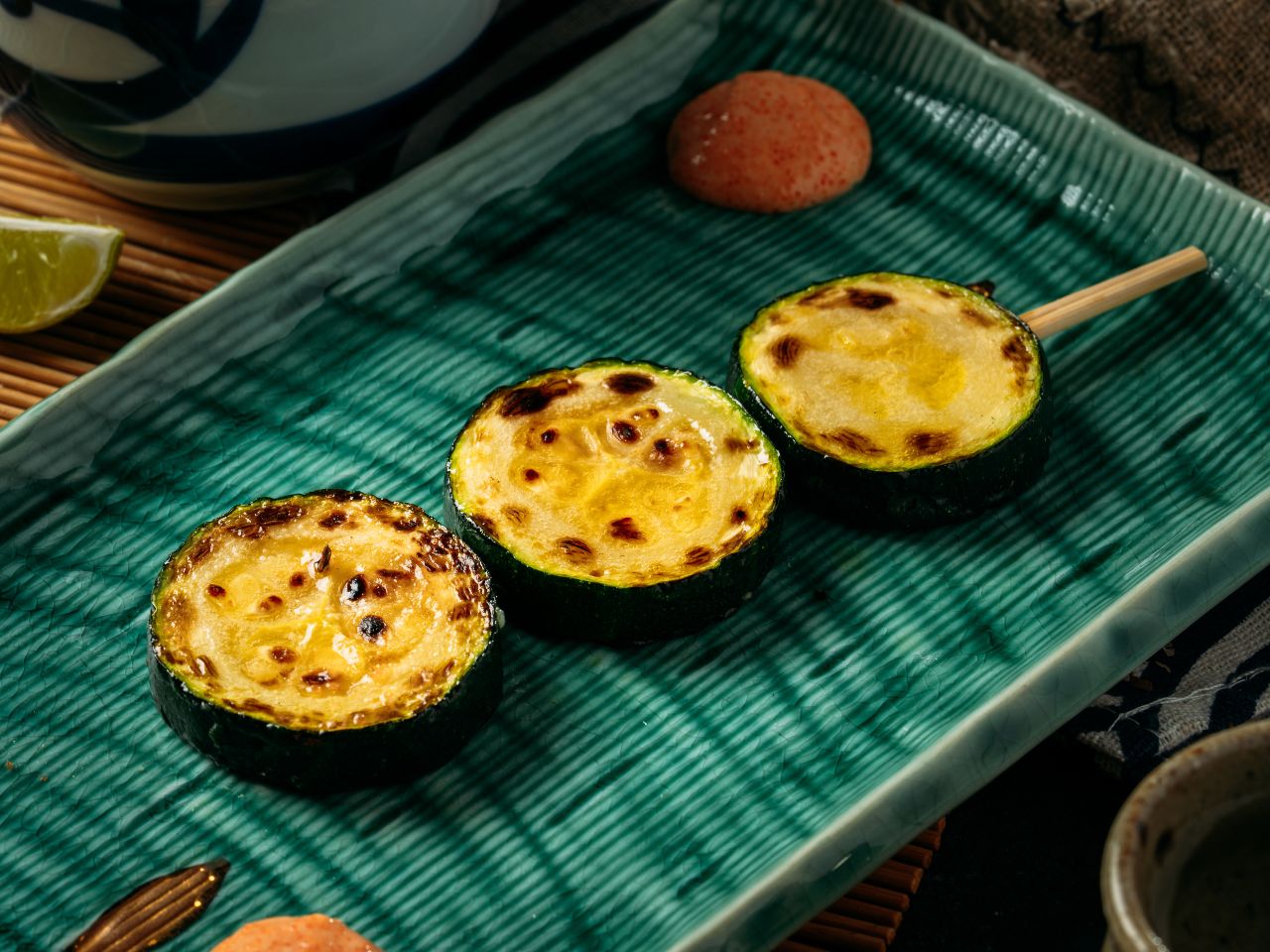 Grilled zucchini with mentaiko mayo at Tosakko Ramen & Yakitori, a Japanese Restaurant in Pasadena