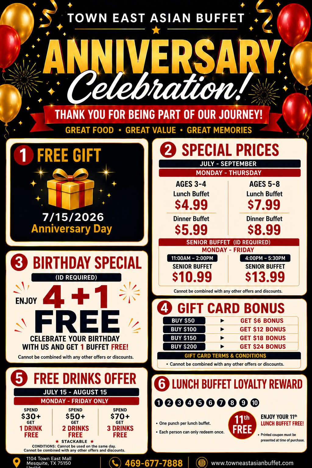 Anniversary Celebration flyer for Town East Asian Buffet featuring 6 special offers from July to September 2026. The deals include a free gift on Anniversary Day (7/15/2026), special buffet prices for kids and seniors, a 