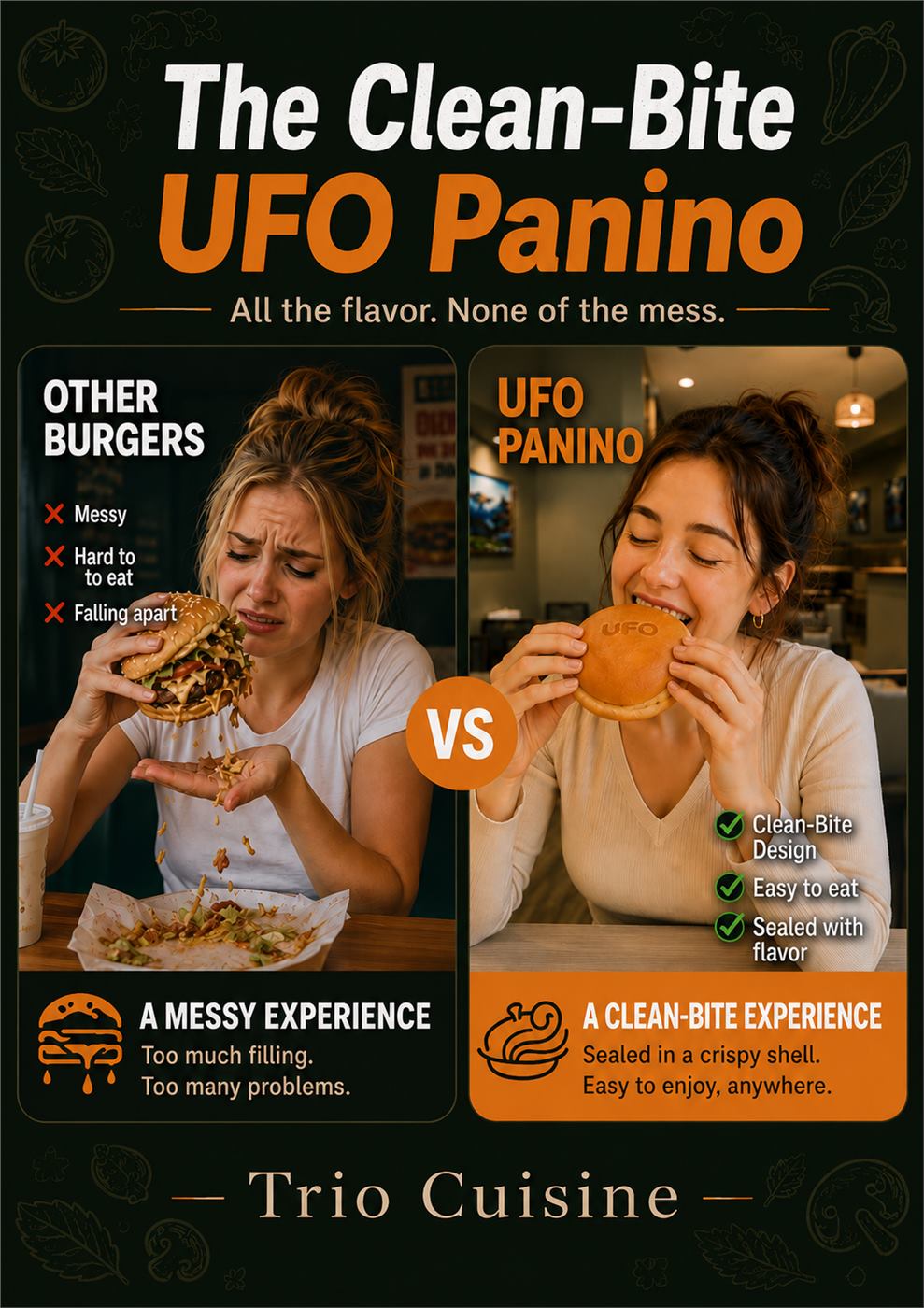 Clean-Bite UFO Panino comparison poster showing messy burgers versus easy-to-eat panino