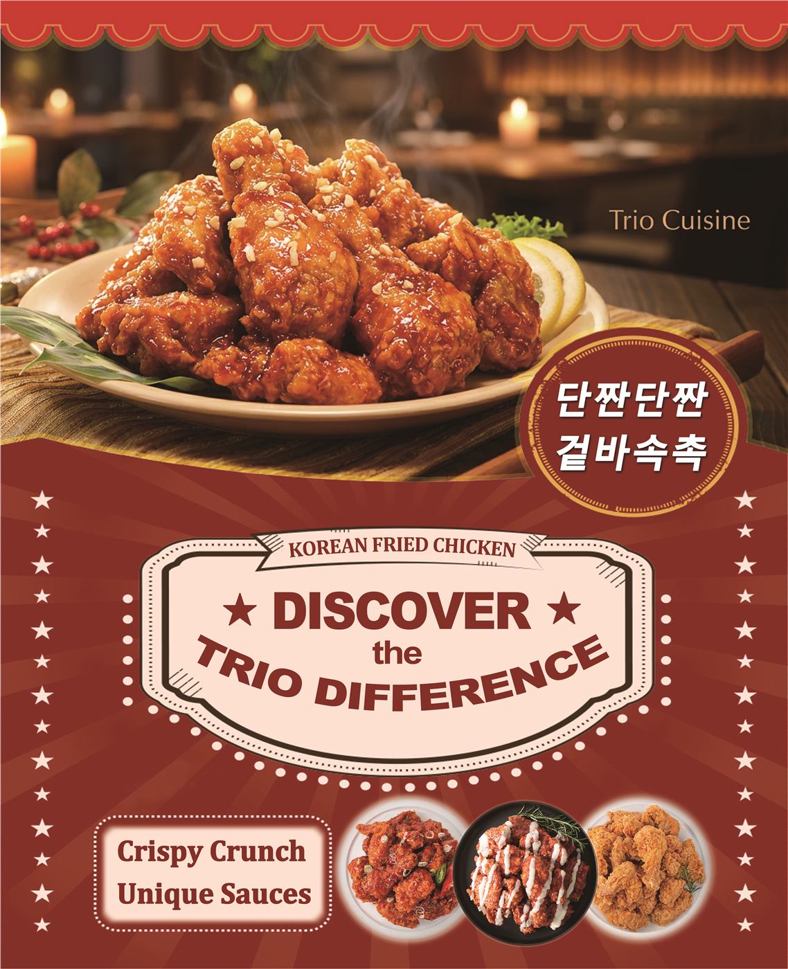 Korean fried chicken with crispy crunch and unique sauces at Trio Cuisine