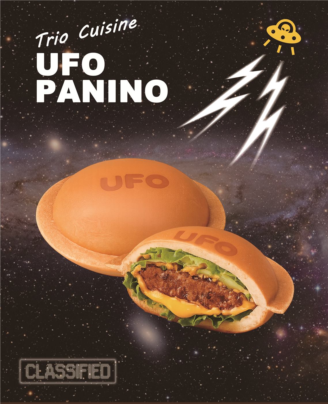 UFO Panino burger poster with a space-themed background at Trio Cuisine