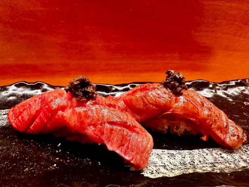 Wagyu beef sushi with rich texture and topping at Tsukiyo Sushi Restaurant, a Sushi Restaurant in Smithtown