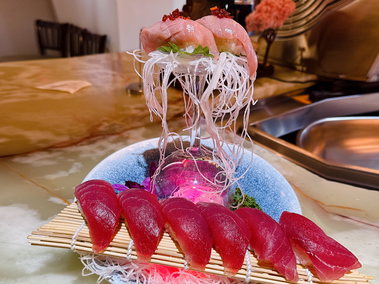 Artistically presented tuna sushi with dual presentations, showcasing premium tuna at Tsukiyo, a Sushi Restaurant in Smithtown