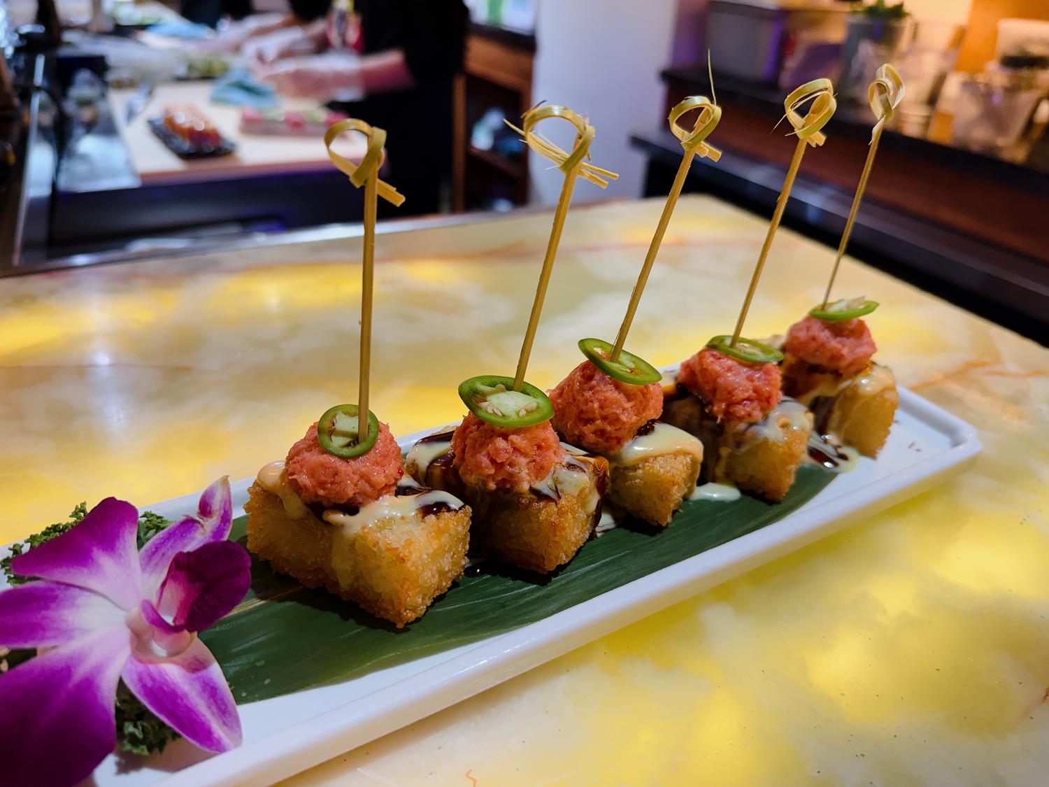 Spicy tuna crispy rice with jalapeno at Tsukiyo Sushi Restaurant, a Sushi Restaurant in Smithtown