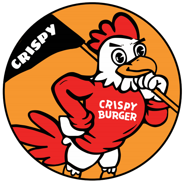 Crispy Burger cartoon chicken logo, a stylized rooster in a red shirt with "CRISPY BURGER" text