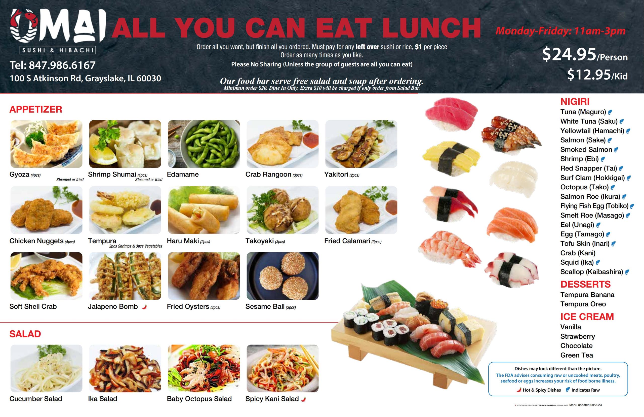 Umai Sushi & Hibachi all-you-can-eat lunch menu (Mon-Fri 11am-3pm) showing $24.95/person, $12.95/kid; includes appetizers (gyoza, edamame), nigiri (tuna, salmon), salads, desserts (tempura banana, ice cream); location: 100 S Atkinson Rd Grayslake IL, tel 847.986.6167; rules: finish orders, $1/left piece, no sharing.