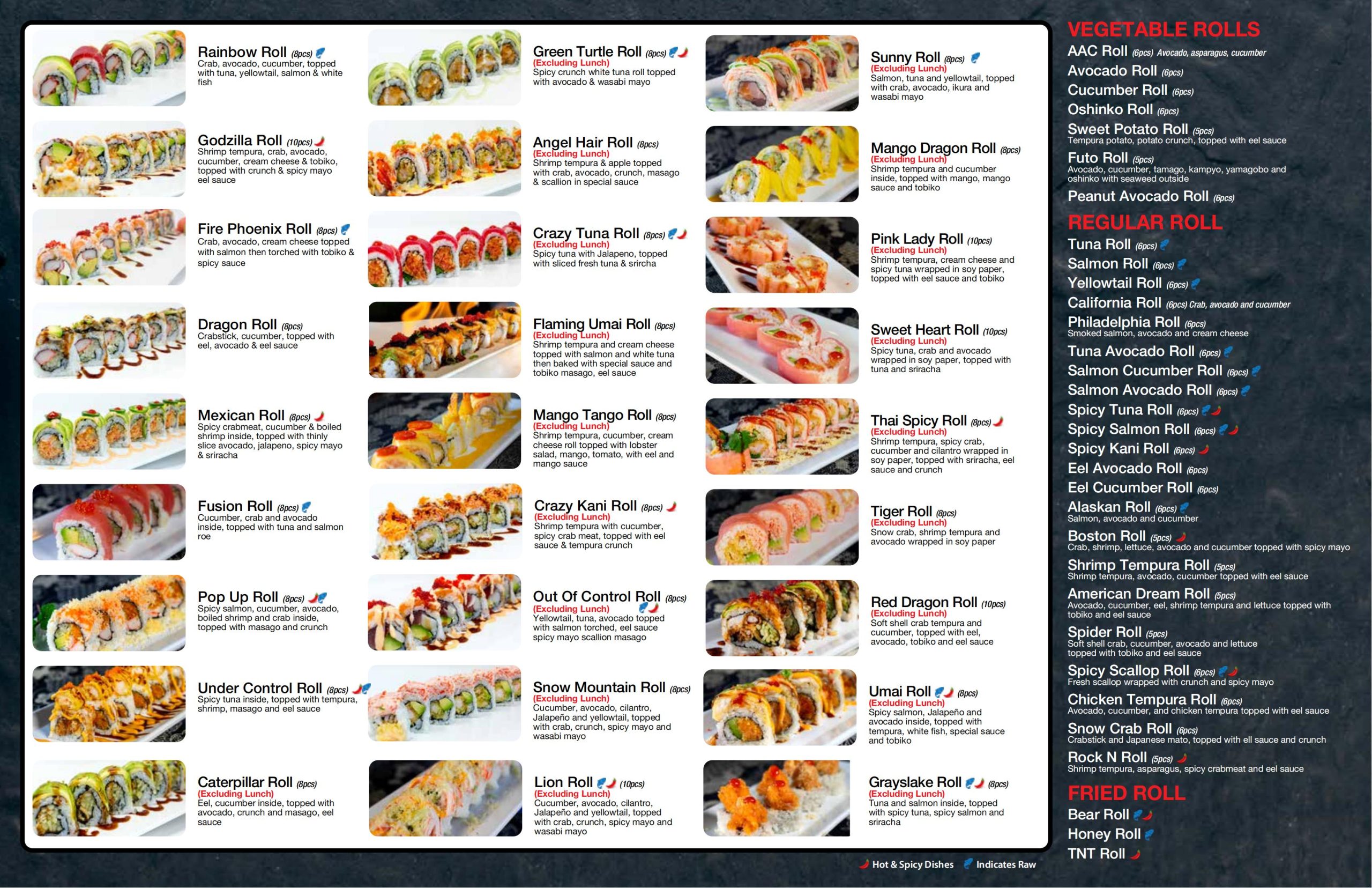 All-you-can-eat lunch menu for Umai Grayslake (Sushi & Hibachi) — hours 11am-3pm Mon-Fri, $24.95/adult & $12.95/kid; features appetizers (gyoza, edamame), nigiri (tuna, salmon), salads, desserts (tempura banana, ice cream); includes rules (finish orders, $1/leftover piece), location (100 S Atkinson Rd Grayslake IL), contact (847.986.6167), and raw/spicy food indicators.