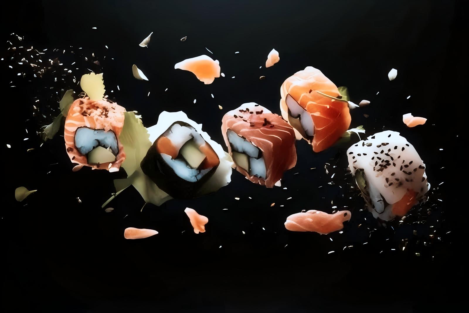 Assorted sushi rolls floating with sesame seeds at Umami Sushi Pdx Food Cart, a Japanese Restaurant in Portland
