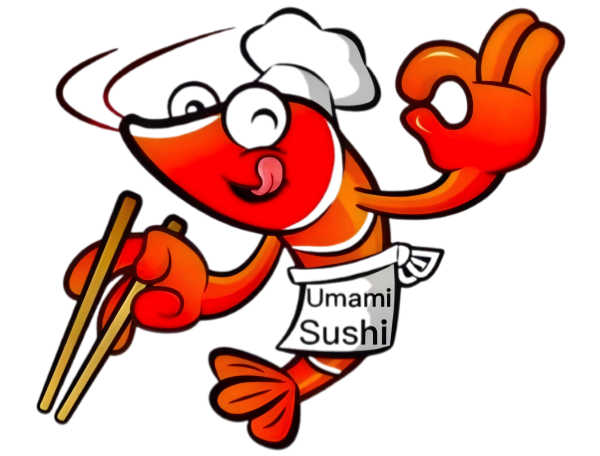 Cheerful shrimp chef mascot holding chopsticks for Umami Sushi at Umami Sushi Pdx Food Cart, a Japanese Restaurant in Portland