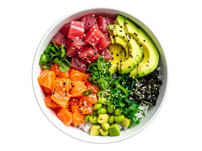 Colorful poke bowl with tuna, salmon, avocado, edamame, and seaweed at Ume Poke, a Asian Fusion Restaurant in Jacksonville