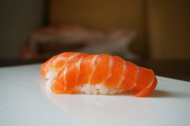 Fresh salmon nigiri sushi at Umi Japanese Cuisine, a Japanese Restaurant in Washington