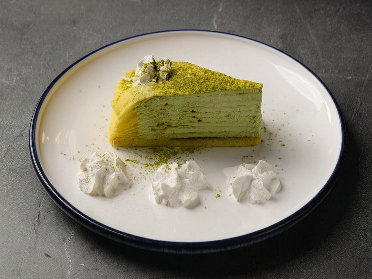Matcha crepe cake with whipped cream