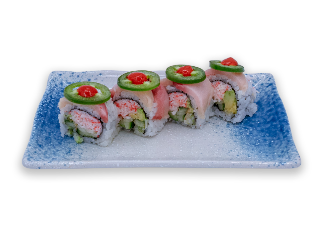 Kimono Roll topped with jalapeño and spicy sauce